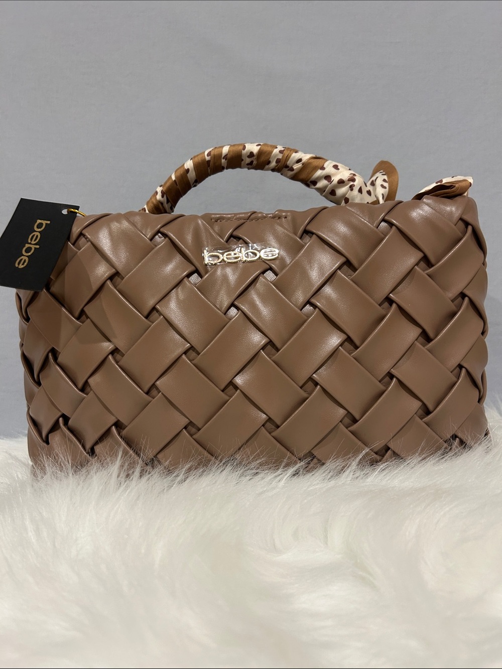 bebe Luca Mini Satchel Crossbody Woven in Taupe with Patterned Handle Wrap